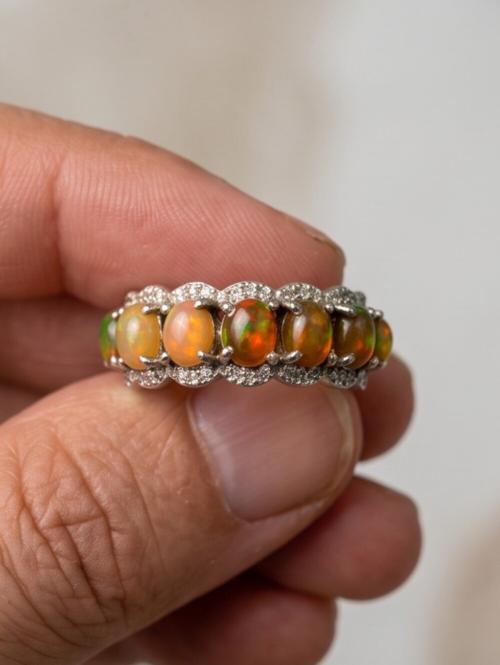 Multi Stone Genuine Ethiopian Opal And CZ Ring - Picture 4 of 9